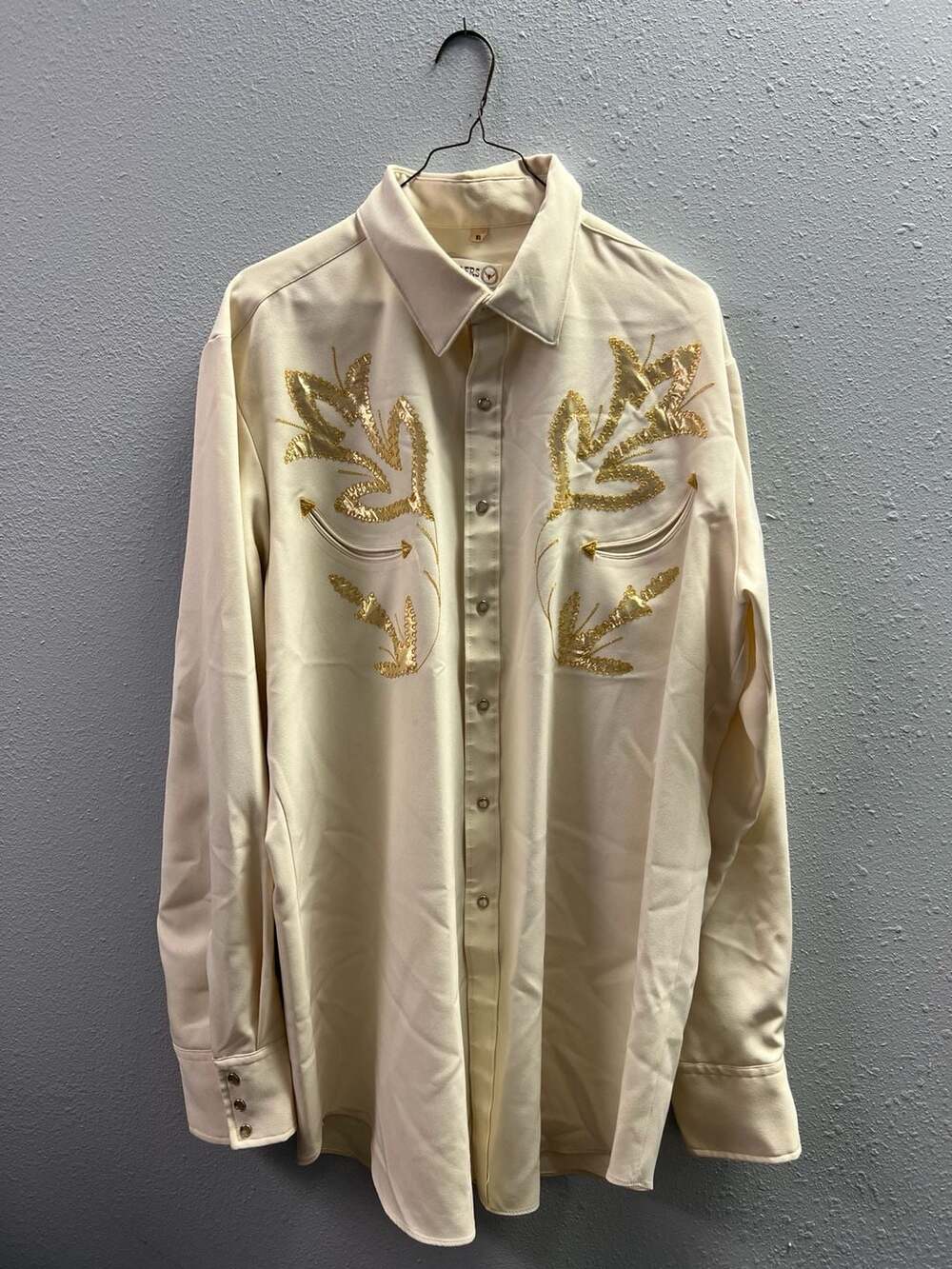 Vintage Sheplers Embroidered Western Shirt Pearl Snap Cream Gold Mens XL 0104